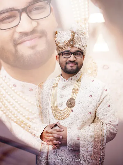 A double-exposure style portrait of the groom, blending a smiling close-up with a formal full-length shot.