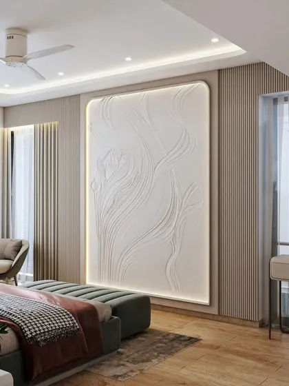 A 3D render of a New English-style master bedroom with an earthy and calm feeling. The bed back features exquisite moulding paired with classic wallpaper, while a statement mural adorns the opposite wall.