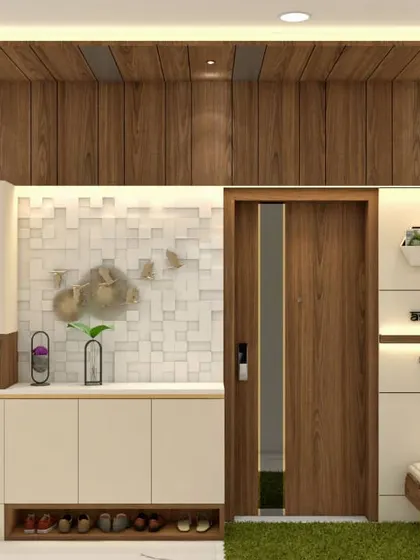 A complete entryway solution named "Ashiyana". This custom unit includes a shoe cabinet, a seating bench, a nameplate, and overhead storage with a wood-paneled ceiling.