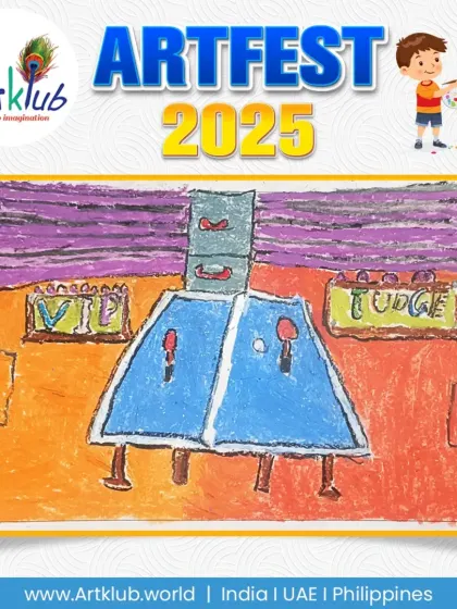 A junior artist's drawing of a table tennis setup. The piece focuses on the table, with signs for "VIP" and "JUDGE" sections, showing great imagination.