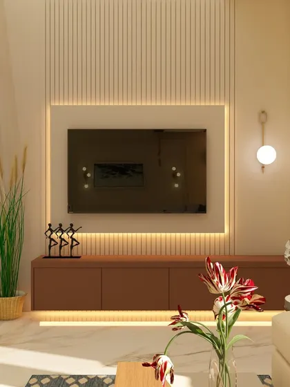 A minimalist TV unit design featuring a simple brown console with integrated lighting. The surrounding fluted wall panels and open shelving create a balanced and uncluttered look.