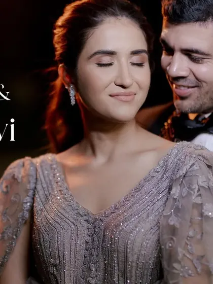 A soft, romantic portrait of a couple at their evening reception. The groom's gentle gaze and the bride's serene expression create a timeless and elegant image.