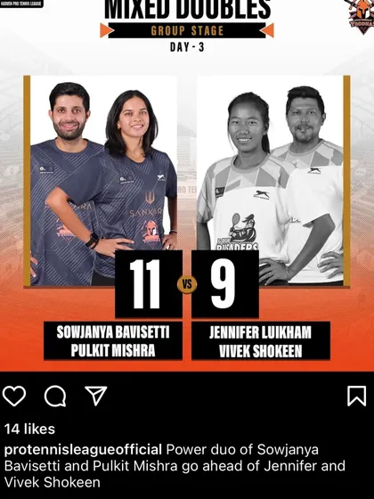 A great mixed doubles win with my partner Sowjanya Bavisetti during the Pro Tennis League group stage. Team events like these are a fantastic test of strategy and partnership.