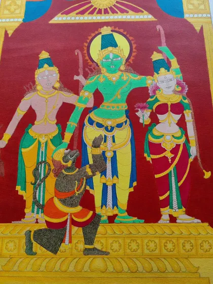 This Ram Darbar painting was a joy to create over 21 days. Capturing the grace of Ram, Sita, and Lakshman with the devotion of Hanuman is a spiritual process, resulting in a piece that brings blessings and serenity to a new home.