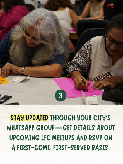 Participants at a community event, focused on an activity. Our gatherings often include interactive elements.