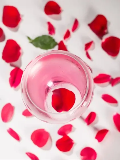 An artistic top-down shot of our Rose Day cocktail, surrounded by delicate rose petals. We focus on every detail of the presentation.