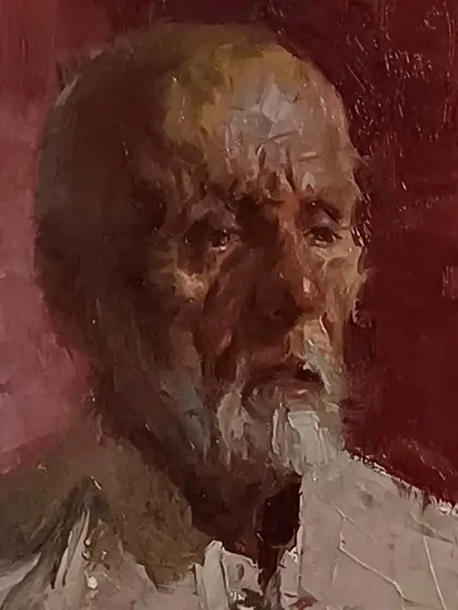 A detailed close-up of the finished portrait from the Pune demonstration. This view highlights the thick, impasto texture and the way light catches on the layered oil paint to define the subject's features.