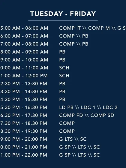 This is the weekday schedule for our 50m main pool. It includes dedicated time slots for our competitive, Ironman, Masters, and school batches.