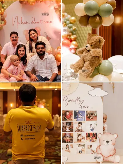 A collage showing more details from the Mundan, including the "Goodbye Hair" photo board and a shot of my team member making sure everything is perfect. It's a team effort!