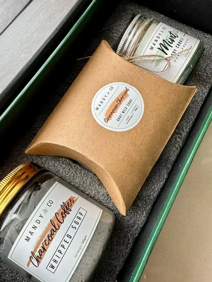 A luxurious gift box for him, perfect for Rakhi. This set includes a charcoal coffee whipped soap, a cinnamon charcoal goat milk soap, and a fresh mint soy candle.