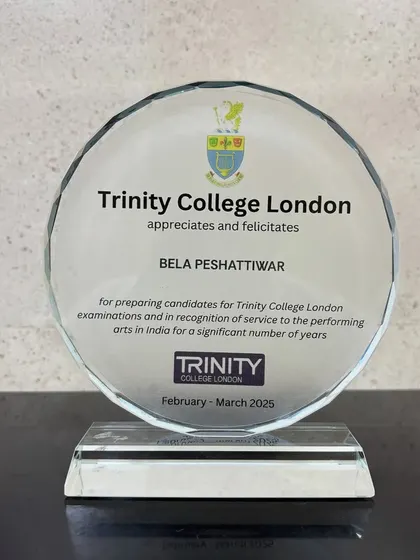 A close-up of the award from Trinity College London, recognizing our founder's significant service to the performing arts in India. We are incredibly proud of this achievement.