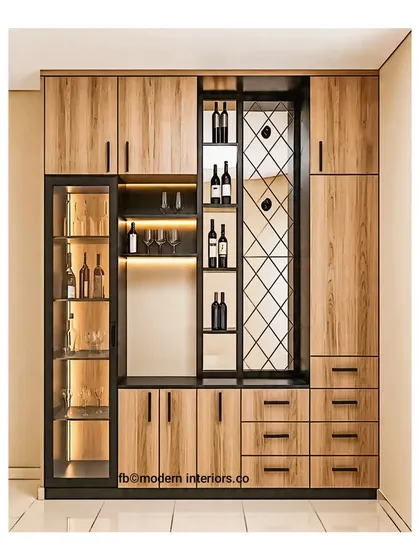 This full-height bar and crockery cabinet is a statement piece. It includes a glass display section, a diamond-patterned wine rack, and a mix of wood and black finishes for a very sophisticated look.