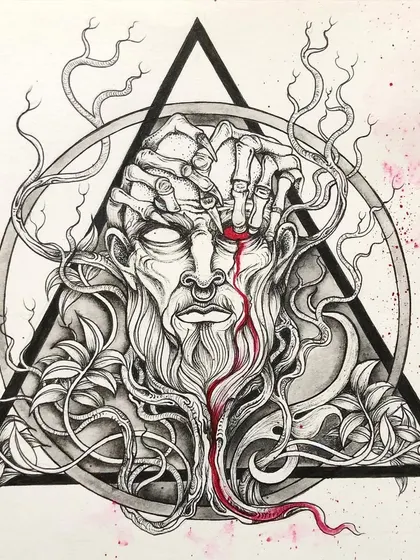 A piece exploring pain and release, designed as a tattoo concept. The bleeding eye and skeletal hands create a strong emotional impact, framed within a geometric triangle.