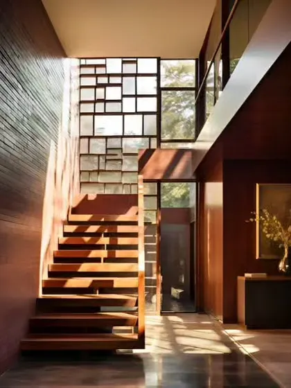 A stunning, light-filled entryway with a double-height ceiling and a unique window design. The wooden floating staircase adds a dramatic architectural element to the space.