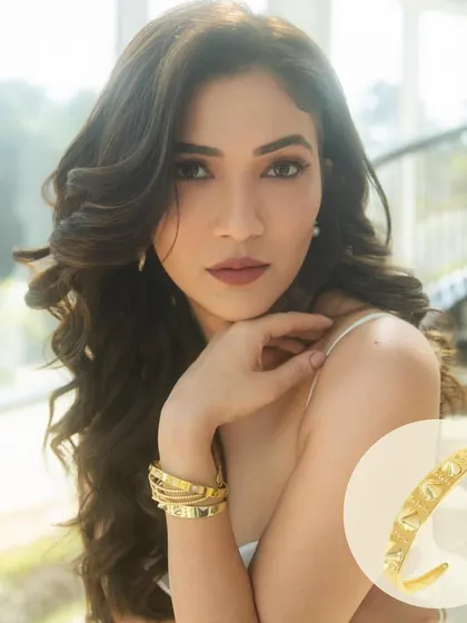 The lovely Ridhima Pandit looking absolutely stunning in a golden bangle stack, featuring my Jumbo Spike Cuff Bangle and Studded Bangle.