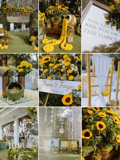 A mood board of the Haldi decor. This collage showcases the beautiful setup, with sunflowers, marigolds, and personalized signs creating a sunny, happy vibe.