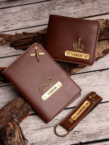 A beautifully styled shot of my men's accessory set in brown. This combo includes a personalized passport cover, wallet, and keychain, making it a great gift for any man on the go.