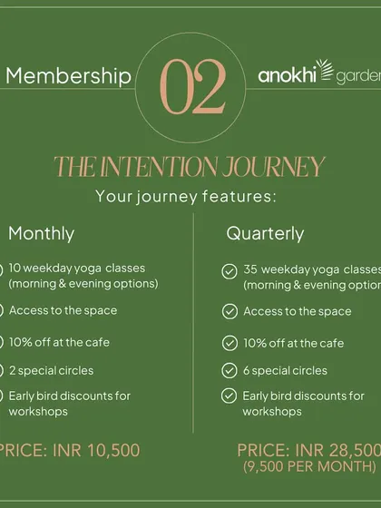 Our "Intention Journey" membership offers monthly and quarterly options, including weekday yoga classes, access to special circles, and discounts at our cafe.