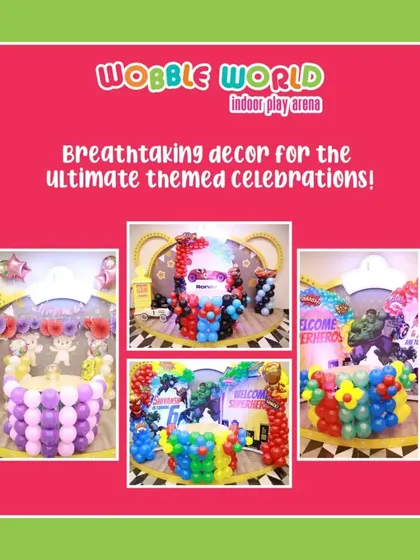 A collage showcasing the variety of our breathtaking themed decor. You can see setups for unicorn, "Cars," and superhero parties, demonstrating our versatility.