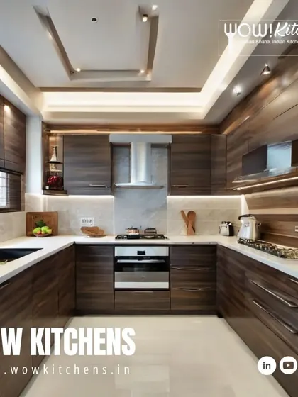 A fully wood-paneled U-shaped kitchen that exudes warmth and sophistication. The consistent wood grain across all cabinets, paired with a white countertop and integrated appliances, creates a seamless and high-end rustic look.