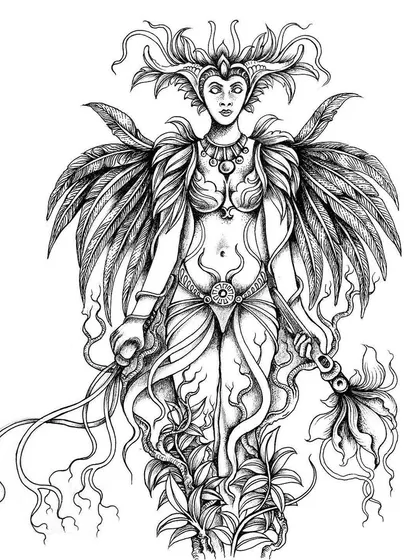 An illustration of the goddess Tara, designed as a full-figure tattoo. Her form is intertwined with natural and feathered elements, creating an ethereal and powerful piece.