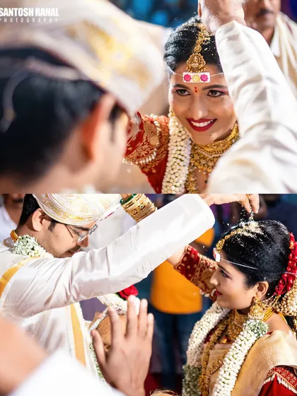 A collage capturing the significant moment of the groom tying the mangalsutra, a key ritual in a Hindu wedding.