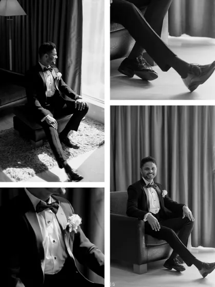 A black and white collage of the groom's portraits, showing him in various relaxed and formal poses.