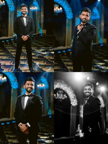 A collage of portraits of the groom, Sanket, looking dapper in his tuxedo for the Sangeet night.