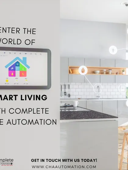 This image shows a modern kitchen integrated with smart home technology. From a central tablet, you can control lighting, appliances, and security, entering a world of smart living.