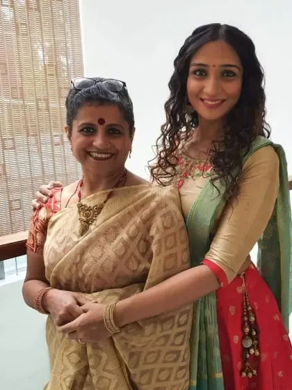 A happy moment with my guru and mother-in-law, Smt. Indira Kadambi. Our relationship is a blend of family, friendship, and the sacred guru-shishya bond, which deeply enriches my creative life.