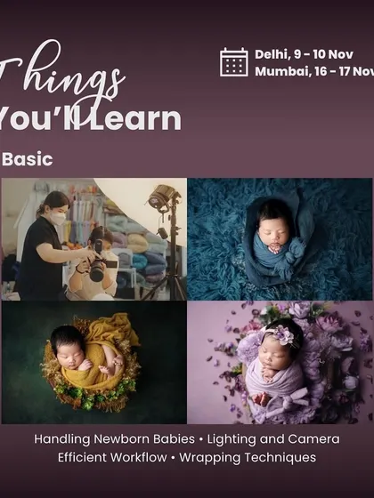 For those new to newborn photography, my basic workshops cover the essential fundamentals. You will learn safe handling and wrapping techniques, foundational lighting and camera settings, and how to create an efficient workflow to manage your sessions smoothly.