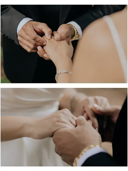 A close-up collage of the exchange of rings and the joining of hands, symbolizing the marriage vows.