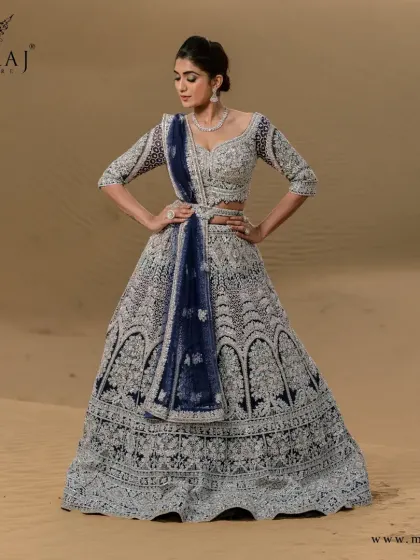 A full view of the mesmerizing navy blue crop top Lehenga set, a perfect example of bridal excellence.
