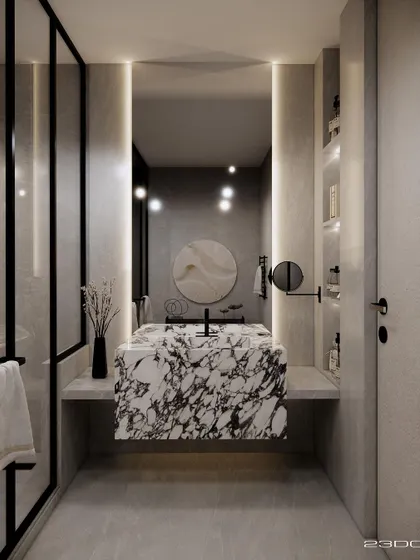 A modern bathroom in the Meraki project, where a striking black-and-white marble sink becomes a sculptural focal point. The minimalist design, backlighting, and clean lines create a spa-like experience.