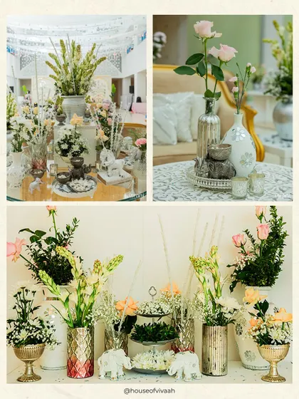 A collage of the delicate floral and silver details from the Haldi, showcasing the intricate styling of the console tables and lounge areas.
