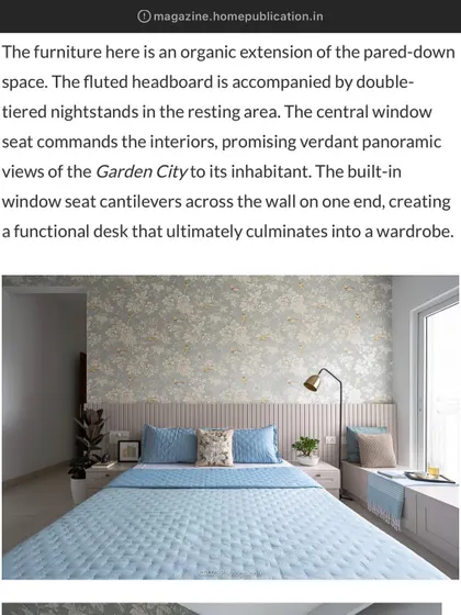 Home Publication highlighted the details of this bedroom, from the fluted headboard to the built-in window seat that transforms into a functional desk.