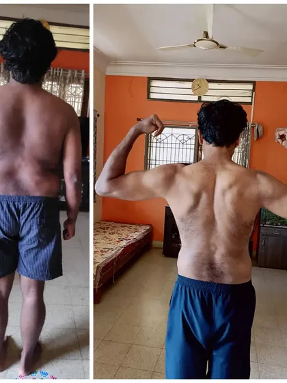 The back transformation of Yogesh, showing significant muscle development and fat loss.