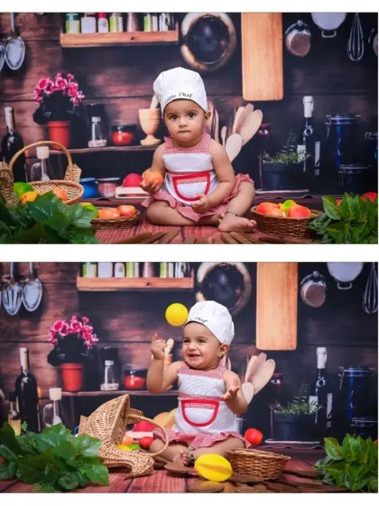 A fun photo pairing from the 'Little Chef' session, one showing a serious look and the other a playful moment of juggling. It's a great way to show different sides of your baby's personality.