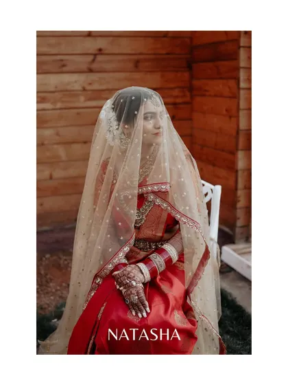 A classic, seated bridal portrait. The bride is framed by a rustic wooden wall, her red and gold saree and the sheer veil creating a timeless and elegant look.