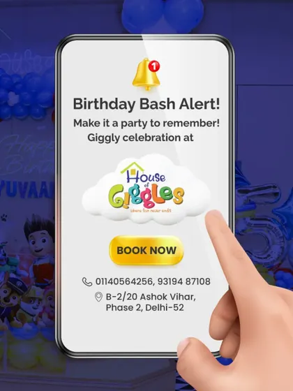 This is your birthday bash alert! This graphic serves as a fun reminder to book your party at House of Giggles. Just one click and you can start planning a party to remember.