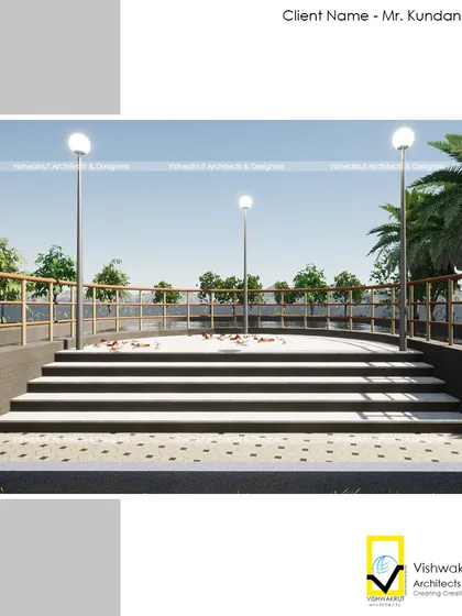 The design for a small amphitheater-style seating area overlooking the artificial lake. This space was planned for community gatherings or quiet contemplation.