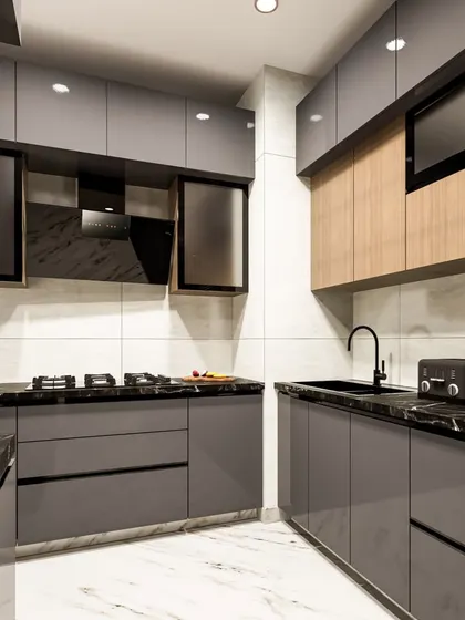 This 3D design shows a combination of wood and grey cabinets, with a tall unit that includes a built-in oven and a convenient roller shutter appliance garage.