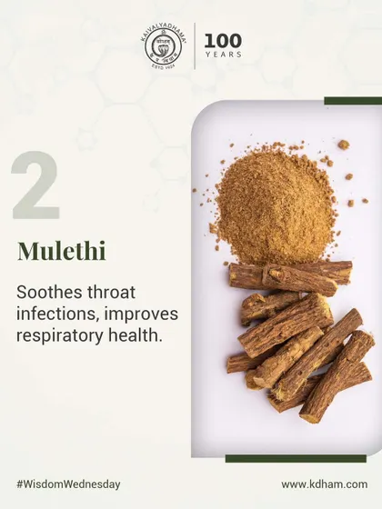 Mulethi, or licorice root, is excellent for soothing throat infections and improving respiratory health. Its gentle, healing properties make it a valuable herb in our holistic practice.