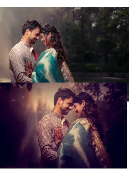 A collage showing our editing style, with a focus on dramatic lighting and color grading to enhance the romantic and cinematic feel of this pre-wedding portrait.