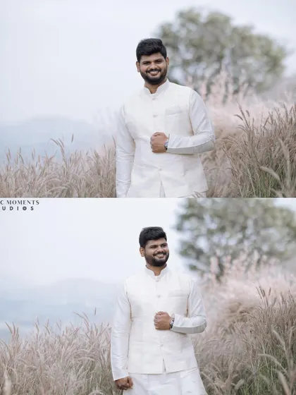 A handsome portrait of the groom, Chethan, looking sharp in his traditional white outfit during their outdoor engagement session.