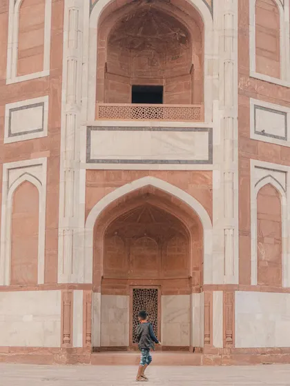 This wide shot shows the grandeur of Mughal architecture at Humayun's Tomb. I often use these establishing shots to set the scene for a portrait series.