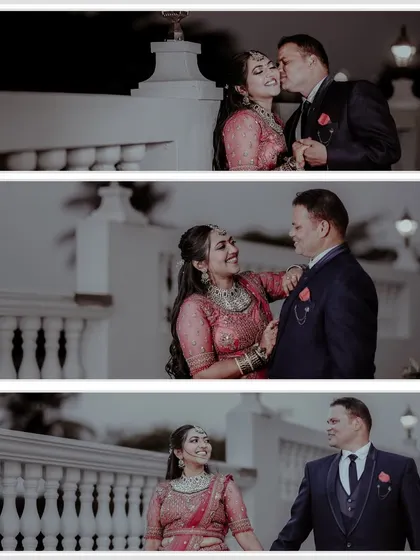 A collage of a couple sharing romantic moments at their reception. It captures a kiss, a shared laugh, and a walk together, telling the story of their evening.