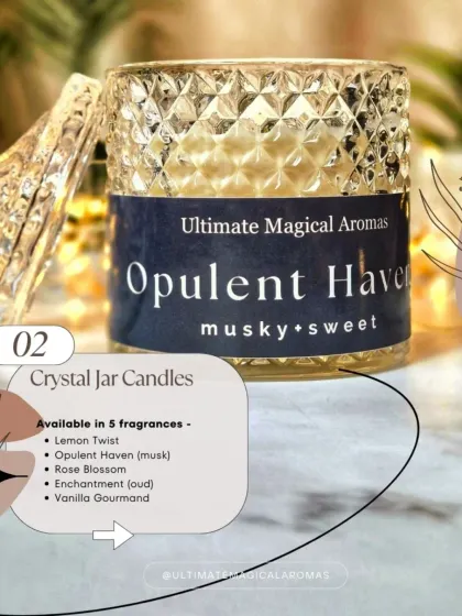 A graphic from my Valentine's Candle Collection, showcasing the Crystal Jar Candles. These make a perfect gift for a partner, friend, or even as a self-love treat.