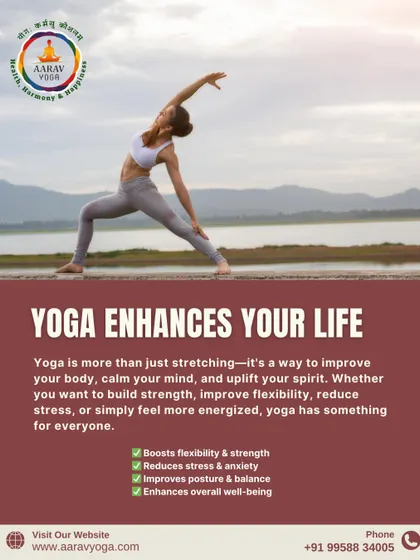 This visual of a practitioner in a graceful side-angle pose by the water explains how yoga enhances life by boosting flexibility, reducing stress, and improving posture.