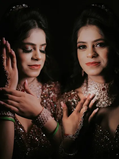 A creative multi-image portrait of the bride, showcasing her beautiful makeup and henna details from different angles.